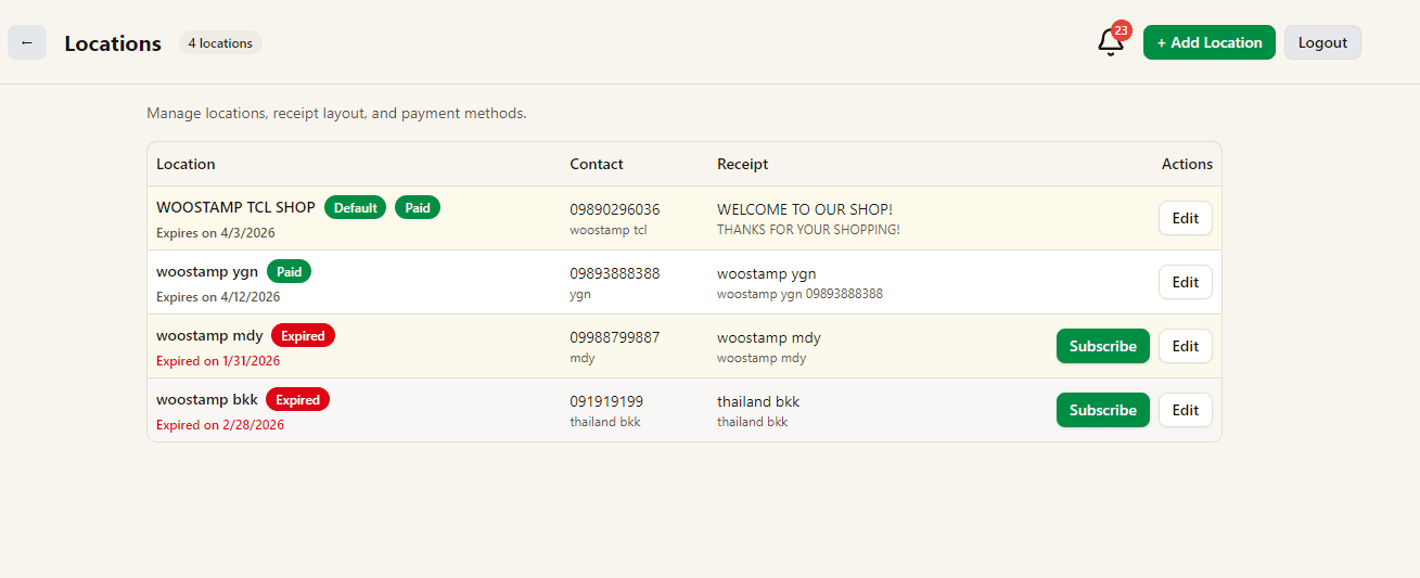 Locations, receipt headers, and QR payments