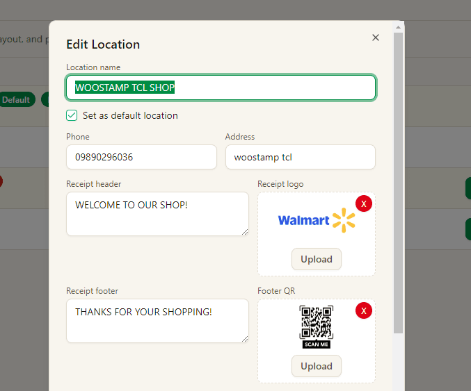 Edit location receipt settings