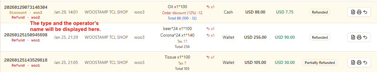 Refund and discount operator display