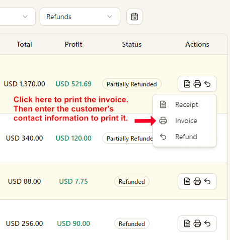 Open invoice action from orders list