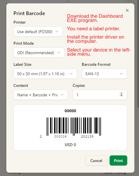 Barcode printing settings