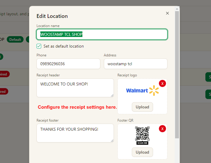 Location receipt settings