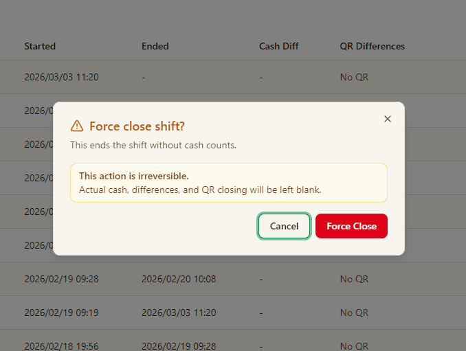 Force close shift confirmation dialog