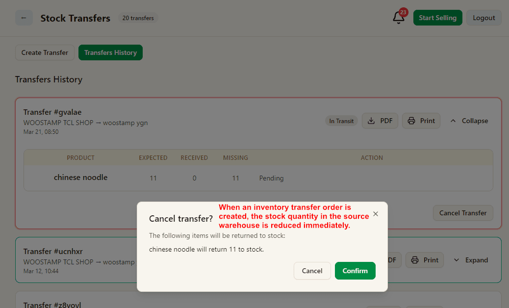 Cancel stock transfer