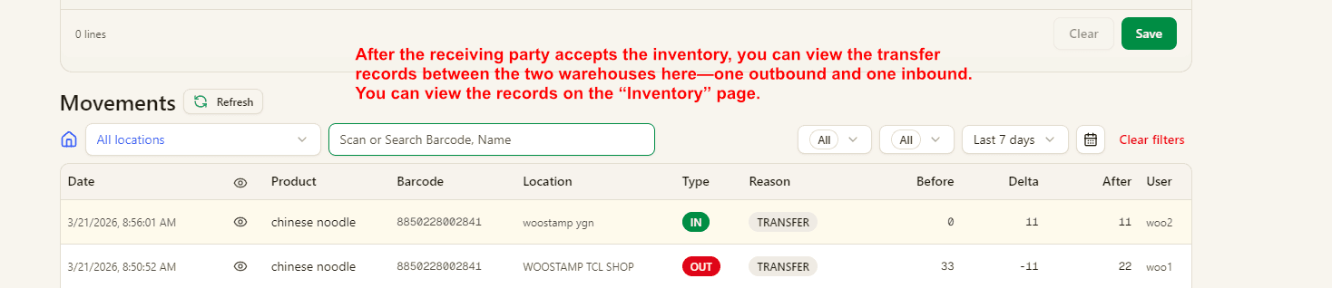 Inventory movement transfer records