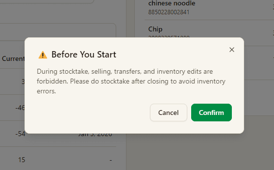 Stocktake warning confirmation