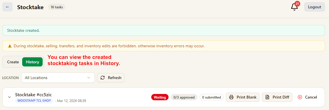Stocktake history task list