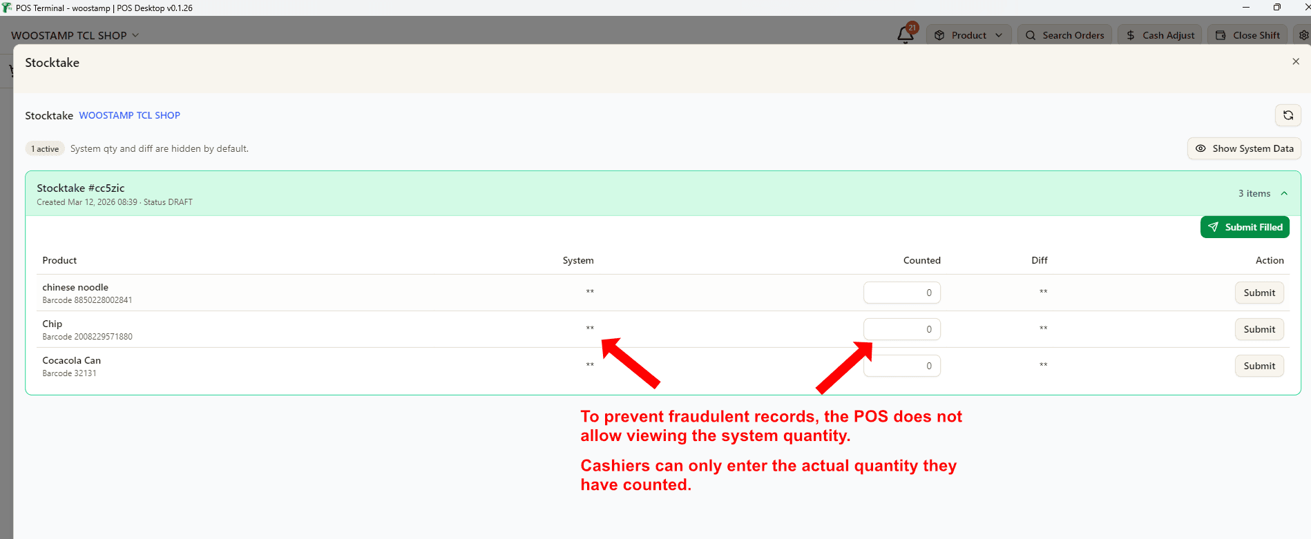 POS counted quantity input