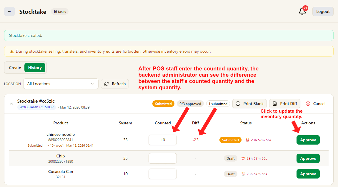 Admin approve stocktake difference