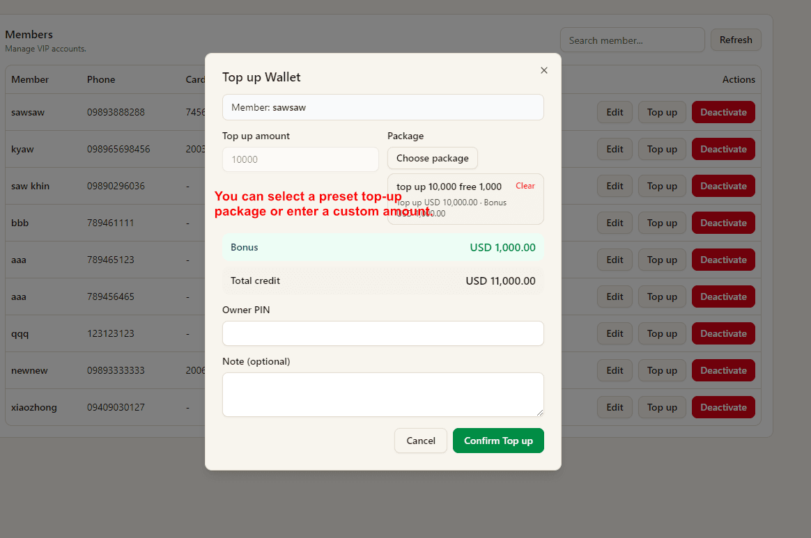 Top up wallet with package or manual amount