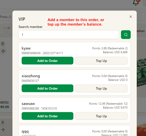 Add member or top up wallet